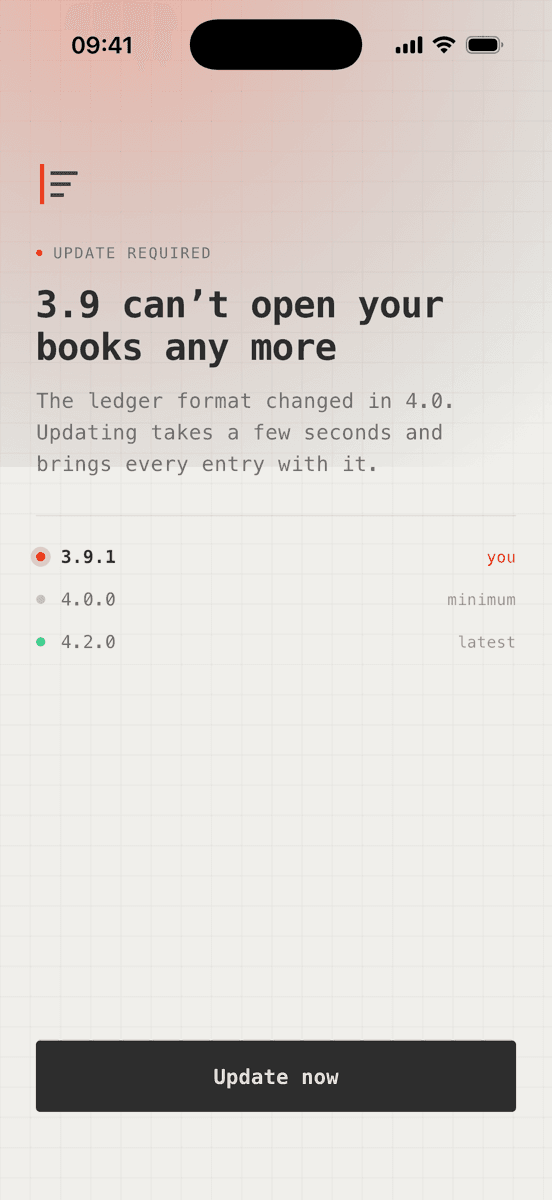 Required update wall as Ledgerline themes it, a real screenshot from the Ripstop SDK on iOS