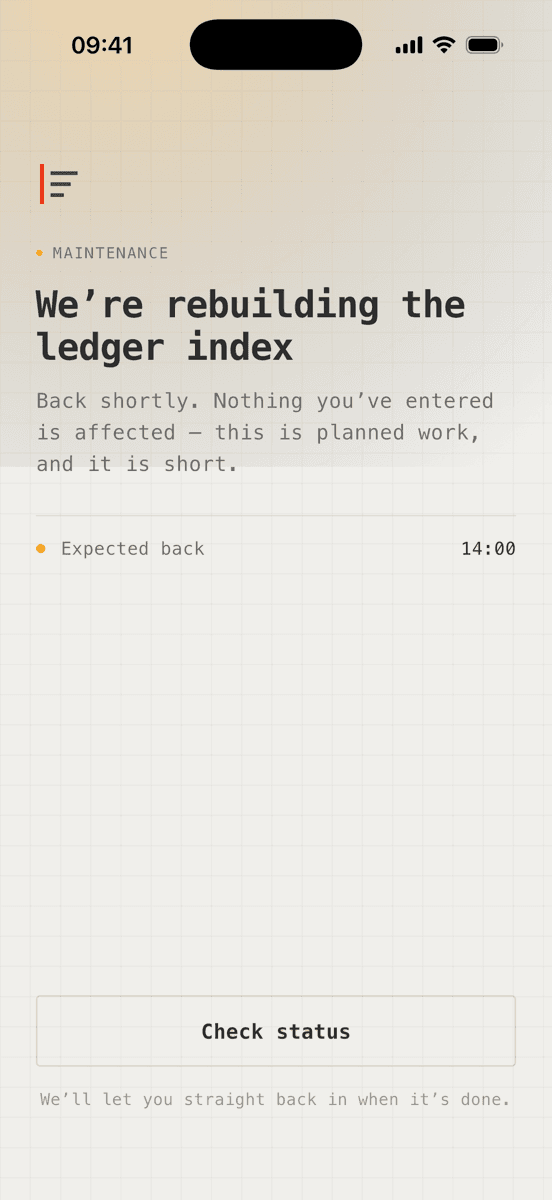 Maintenance update wall as Ledgerline themes it, a real screenshot from the Ripstop SDK on iOS
