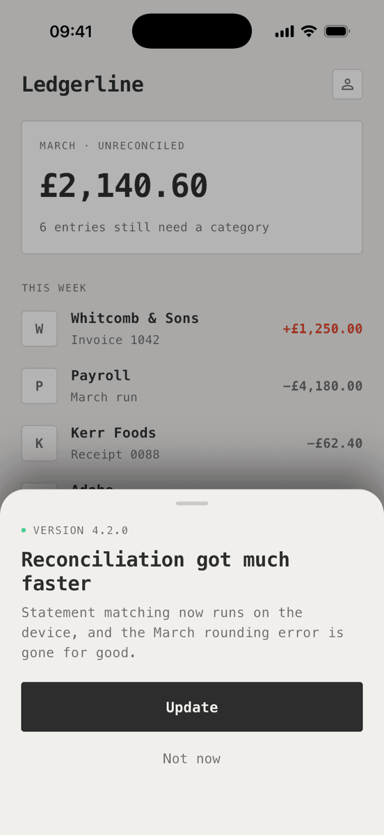 Optional update wall as Ledgerline themes it, a real screenshot from the Ripstop SDK on iOS