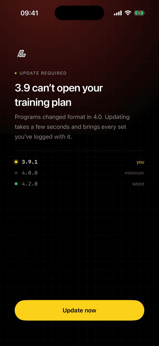 Required update wall as Lift themes it, a real screenshot from the Ripstop SDK on iOS