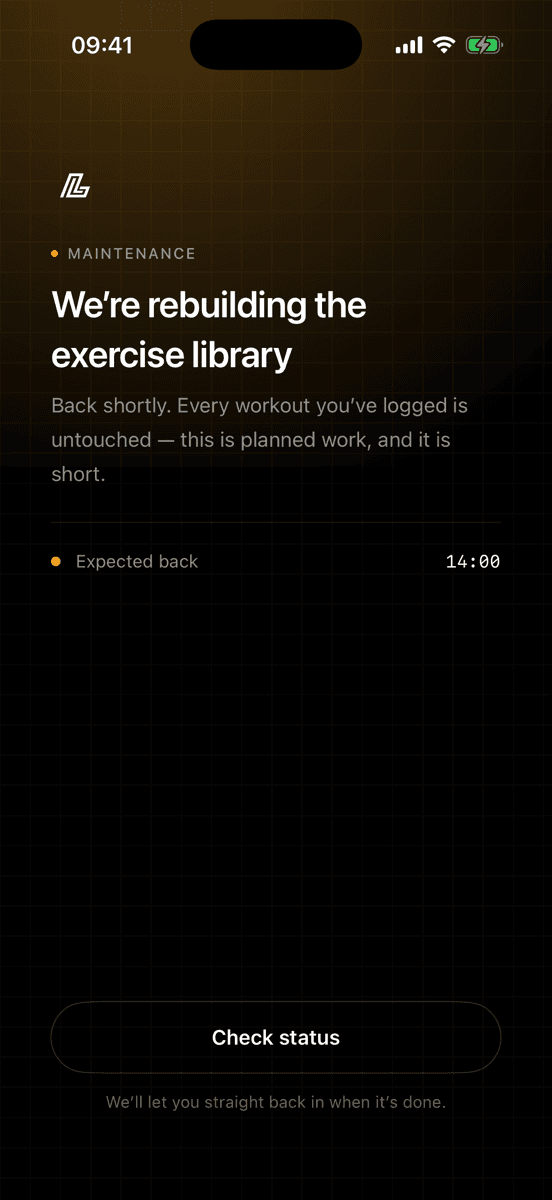 Maintenance update wall as Lift themes it, a real screenshot from the Ripstop SDK on iOS